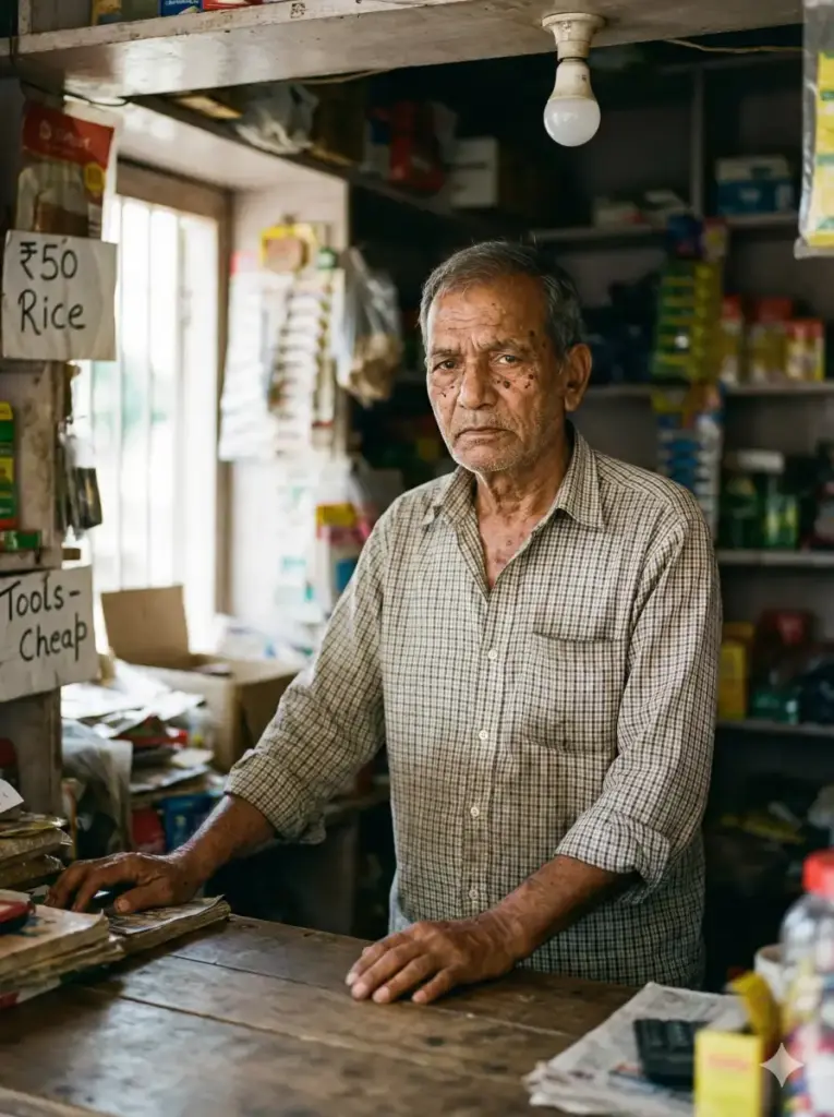 Create a hyper realistic photo of an older man standing inside a small local shop, hands resting on the counter, posture slightly forward. He is wearing a checked shirt with visible fabric wear and loose threads. Indoor lighting creates uneven illumination across his face, showing deep wrinkles, age spots, and natural skin tone variation. The background includes shelves, handwritten price signs, and cluttered items, softly out of focus like a documentary-style photograph. Use aspect ratio 3:4.