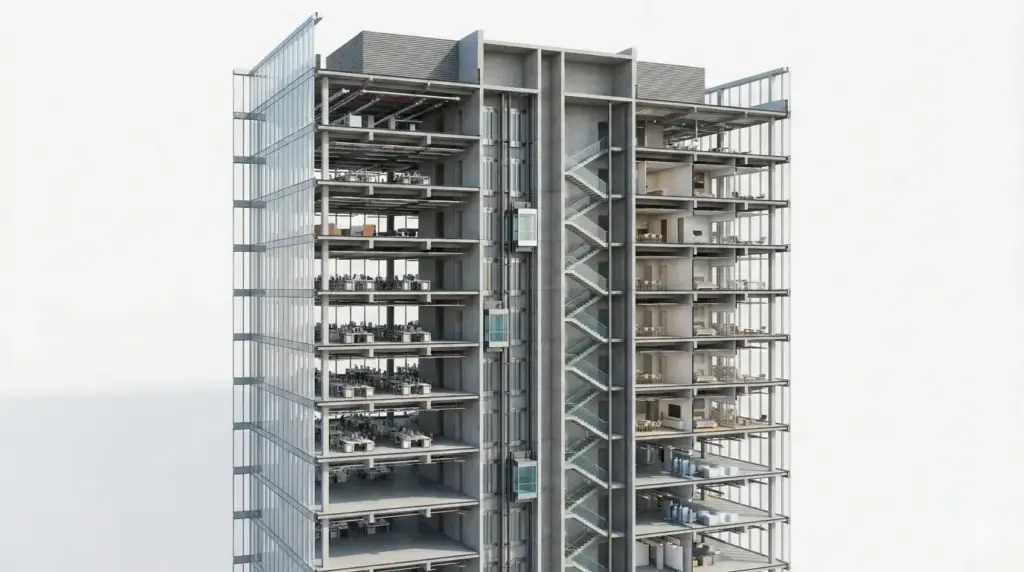 Create a 3D cutaway visualization of a high-rise building revealing floor-by-floor layout, structural core, elevators, and staircases. Clean background with balanced lighting and realistic proportions. Use aspect ratio 16:9.