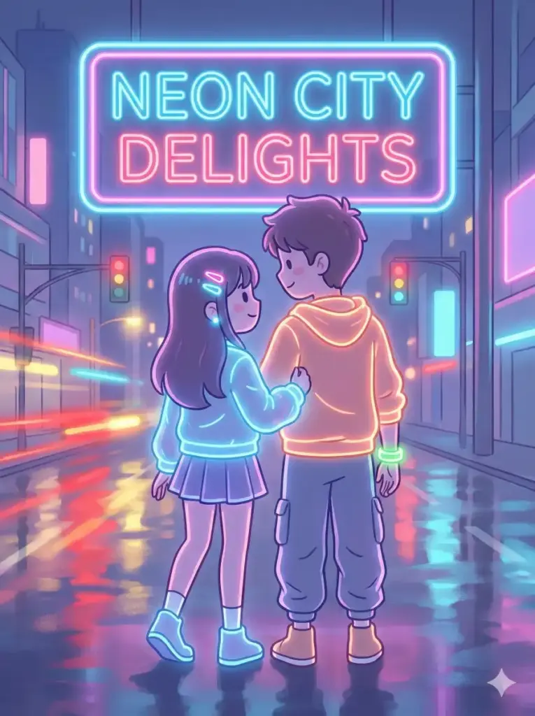 Create a cute neon glow illustration of a couple standing in front of a bright city sign. The girl holds the boy's arm gently while wearing a short jacket, skirt and light glowy accessories. The boy wears a street style hoodie and soft neon wristband. Add glowing reflections on the ground, blurred traffic lights and gentle pink-blue neon lighting. Use aspect ratio 3:4.