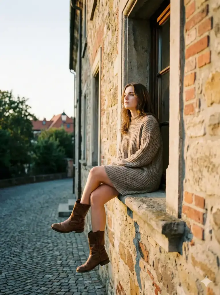 Create a cinematic outdoor photo of a young woman sitting on a window ledge of an old building during golden hour. She is wearing a soft knit dress and boots, with her legs slightly turned and her posture calm and reflective. The background includes textured walls, warm sunlight, and gentle shadows that add depth and emotion to the scene. Use aspect ratio 3:4.