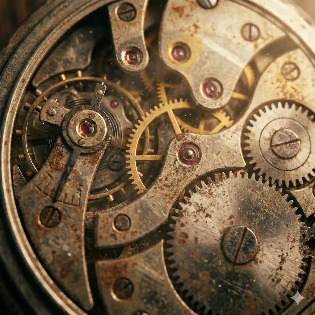 Create an intricate macro close-up of the inner mechanical gears of a vintage pocket watch, highlighting the brass cogs, rubies, and tiny springs, steampunk aesthetic, cinematic lighting with dust motes, rust and metal texture, use aspect ratio 1:1.