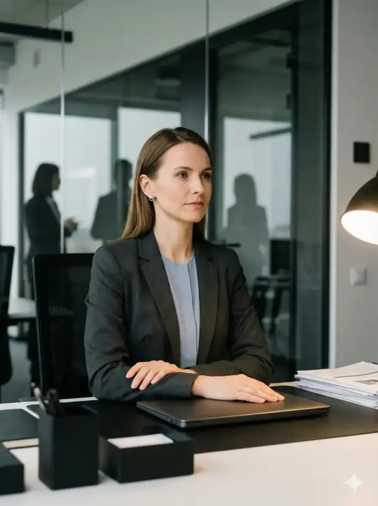 Create a portrait of a woman seated at her work desk, posture upright with relaxed shoulders, hands folded over a slim laptop. Dress her in a fitted charcoal blazer, muted pastel blouse, and simple stud earrings, hair straight and tucked behind one ear. Place her in a modern workspace with matte black desk accessories, soft desk lamp glow, neat stack of reports, and glass office walls behind her showing silhouettes of colleagues. Apply soft shadows, neutral color palette, and sharp facial detail, aspect ratio 3:4.
