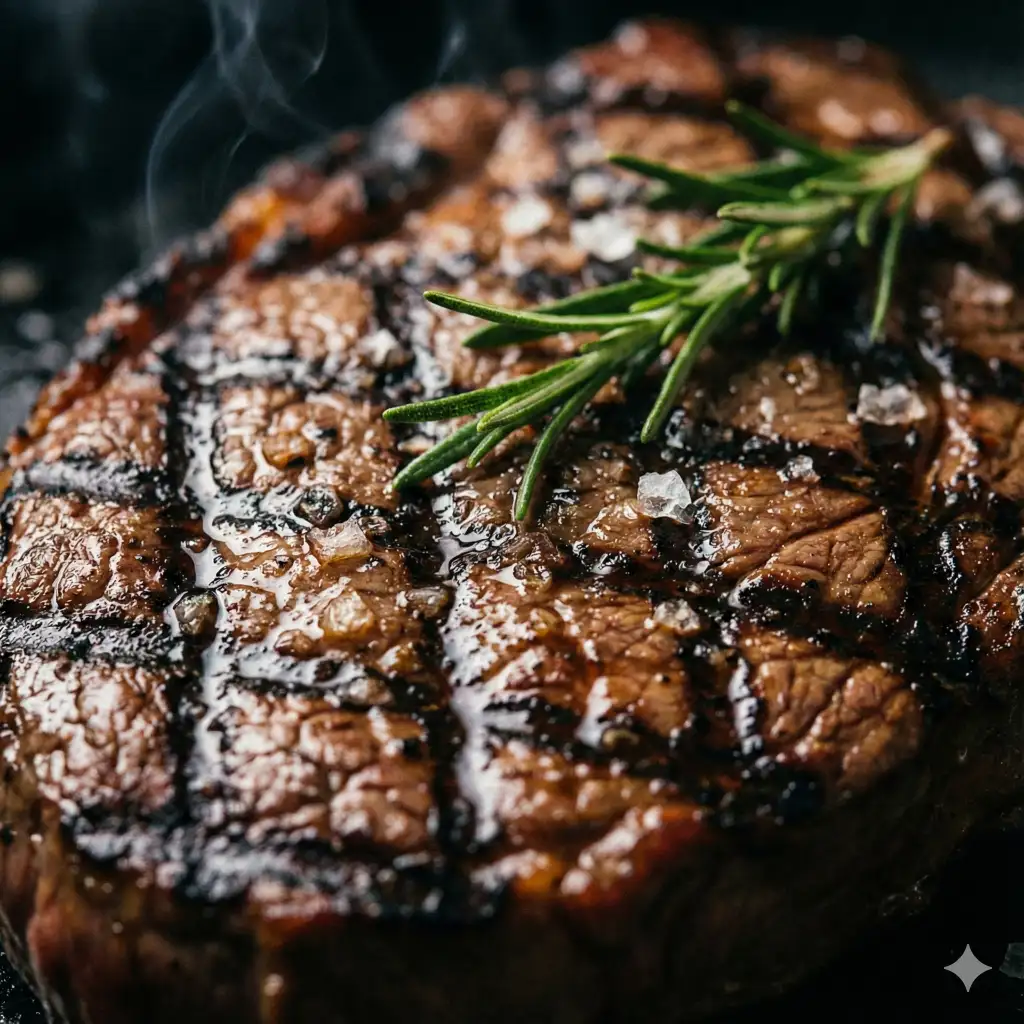 Create an intense macro shot of a grilled steak, focusing on the sear marks and the juices resting on the surface, garnished with a sprig of rosemary and coarse sea salt crystals, dark moody lighting, use aspect ratio 1:1.