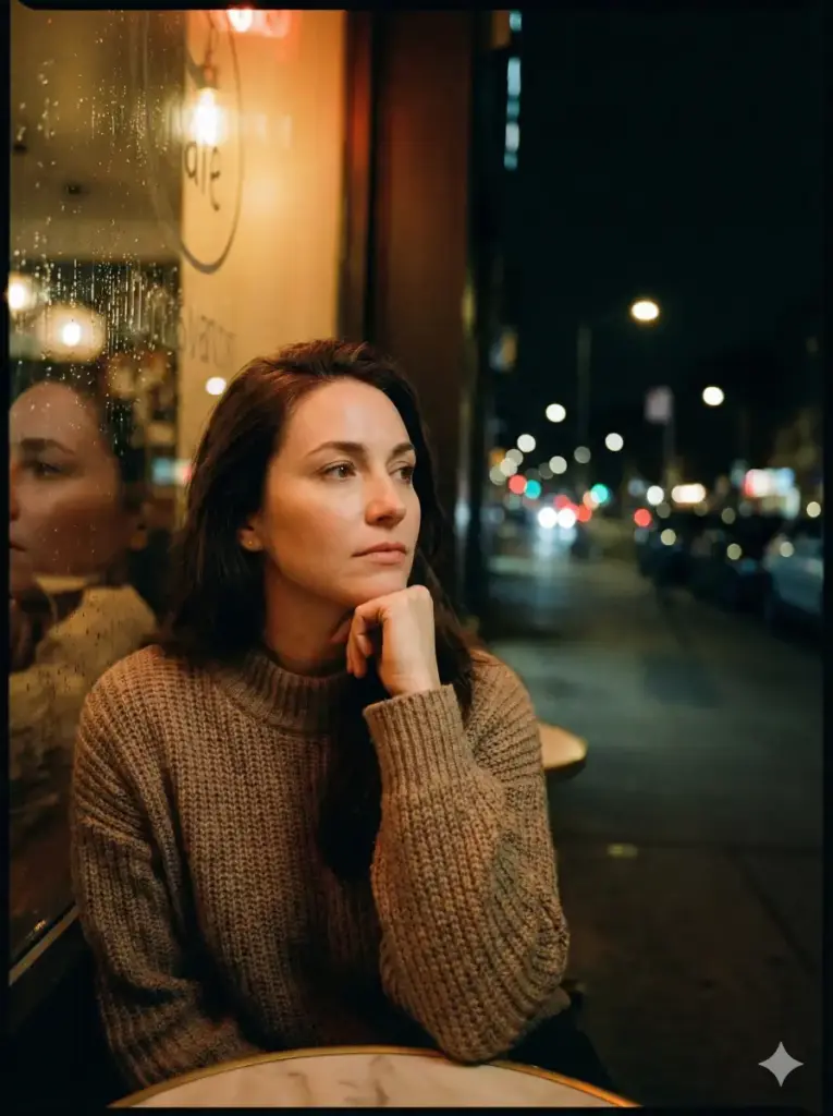 Create an intimate nighttime portrait of a woman sitting by a café window glowing with warm indoor light. Outside, the street is dark with soft bokeh from distant headlights and street lamps. She wears a cozy knit sweater and rests her chin lightly on her hand while looking out thoughtfully. The warm light from the café softly wraps around her face, creating gentle shadows and a cinematic contrast against the cool night outside. Emphasize realistic skin tones, glass reflections, and a shallow depth of field for a dreamy mood. Use aspect ratio 3:4.