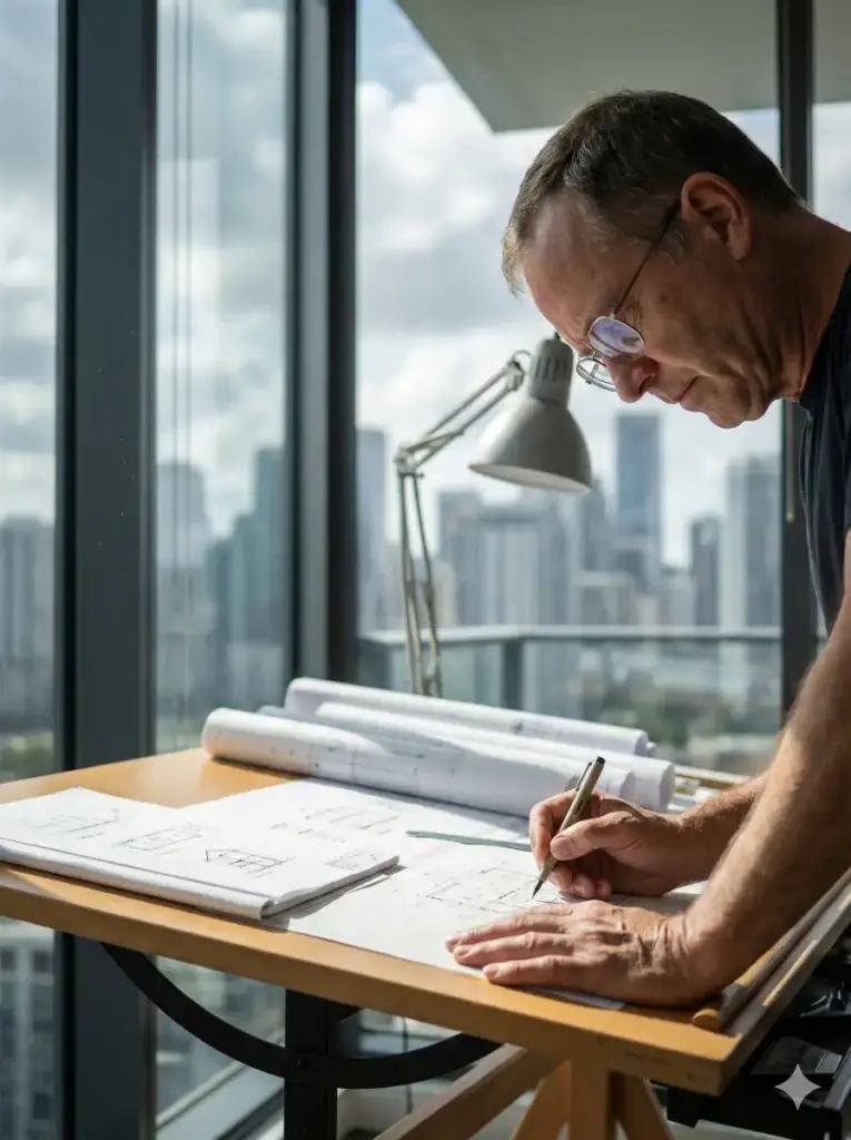 Create a photorealistic lifestyle shot of a professional architect working at a drafting table in a modern, glass-walled office. Natural daylight floods in from the side, illuminating dust motes dancing in the air. The subject is a middle-aged man with glasses; focus on the reflection in the glasses and the texture of his hand holding a pen. The image should be sharp but have a natural fall-off. Skin tones should be accurate and not oversaturated. Shot on a Canon EOS R5, 50mm f/1.8 lens. The background shows a blurred city skyline. Use aspect ratio 3:4.