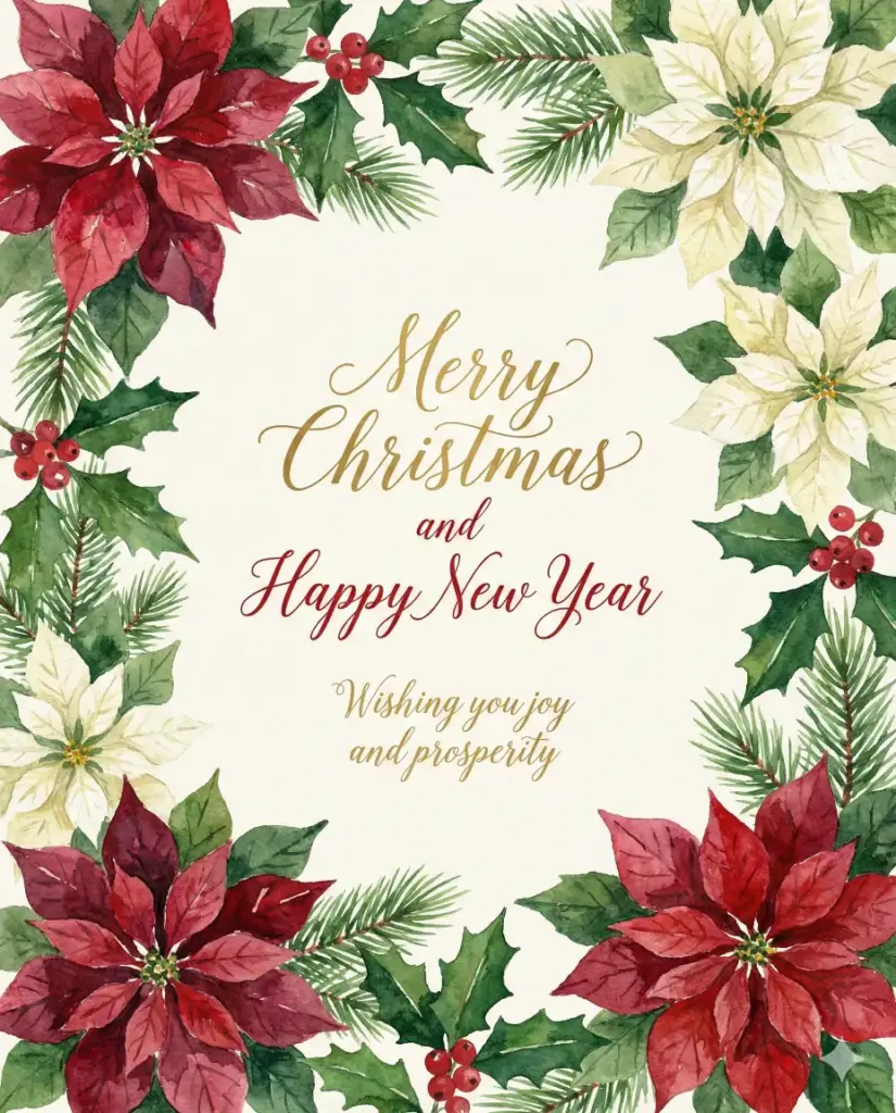 Create a Christmas card with hand-painted watercolor poinsettias, holly leaves, and berries arranged around the border. Leave the center clean and bright for the greeting. Add elegant calligraphy text in the center that reads Merry Christmas and Happy New Year. Add a small message below that reads Wishing you joy and prosperity. Use aspect ratio 4:5.