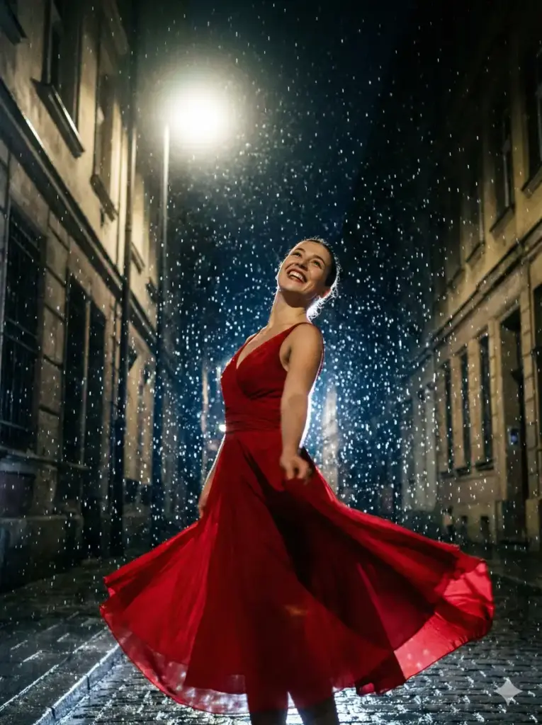 Create a stunning portrait of a female dancer in a flowing red dress spinning in the rain at night under a streetlamp. Instead of looking sad, she looks euphoric, face turned to the sky with a massive smile. The strong backlight from the streetlamp catches every individual rain droplet, turning them into diamonds against the dark night sky. The light creates a high-contrast rim around her figure, separating her from the dark urban background. Cinematic, freedom, joy, frozen motion. Use aspect ratio 3:4.