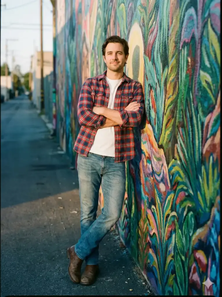 Create a cinematic portrait of a man standing beside a vibrant street art mural while wearing a casual plaid shirt, plain tee, faded jeans, and boots. Show him crossing his arms with a calm expression. Use warm natural lighting with a soft shadow falling behind him. Keep the color tone bright with a smooth matte finish. Add textured paint strokes and an alley stretching out behind the mural. Use aspect ratio 3:4.