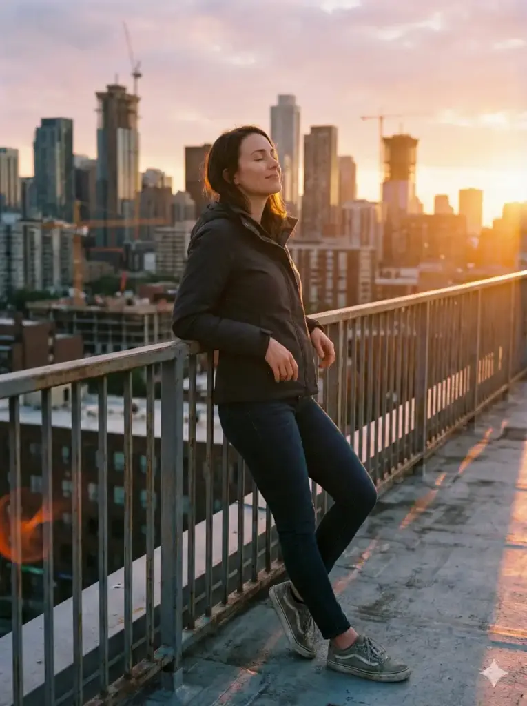 Create a cinematic outdoor photo of a woman leaning against a metal railing on a city rooftop at sunrise. She is wearing a modern jacket, fitted jeans, and sneakers, with a calm posture and eyes closed as sunlight hits her face. The background includes tall buildings and warm light creating a cinematic urban mood. Use aspect ratio 3:4.