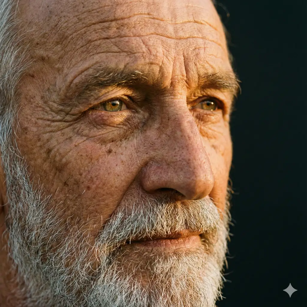 Create a close up shot of an elderly man with deep character lines, textured skin, silver beard, and thoughtful eyes. Highlight fine details like pores, wrinkles, and subtle warm highlights from a golden hour light source, with a smooth dark background. Use aspect ratio 1:1.