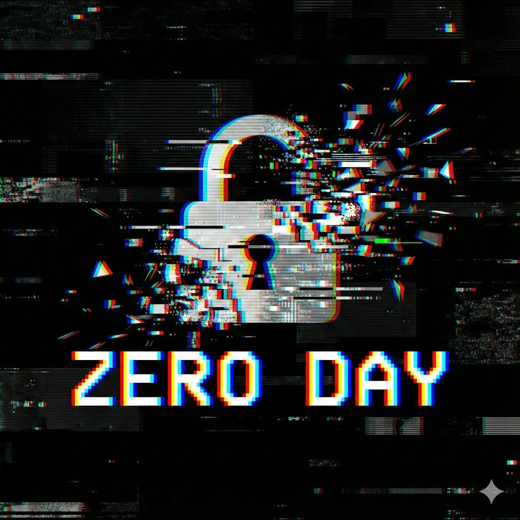 Create a modern, chaotic glitch art logo for a cybersecurity firm. The icon is a digital padlock that looks like it is fragmenting or corrupting. The text "ZERO DAY" should be placed in the center. The typography for the text must look like pixelated code, with "chromatic aberration" (shifting red and blue color channels) applied to the letters to create a 3D vibration effect. Black background. Aspect ratio 1:1.