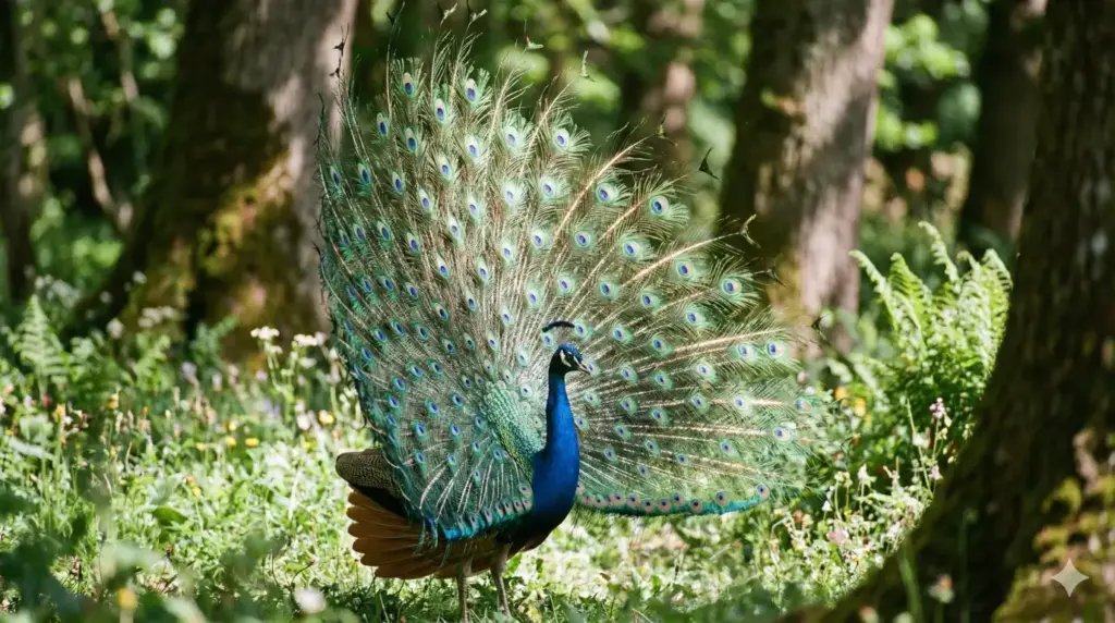 Create a breathtaking wildlife photograph of a peacock displaying its fully spread iridescent tail feathers, vibrant blues and greens shimmering in natural sunlight, fine feather details visible, soft blurred garden forest background, realistic colors without oversaturation, elegant composition, professional wildlife photography look inspired by National Geographic. Use aspect ratio 16:9.