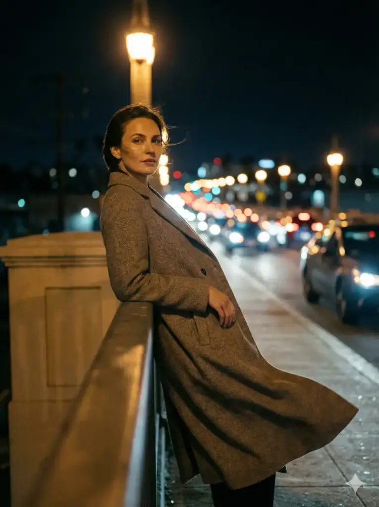 Create a fashionable nighttime portrait of a woman leaning against a railing on a city bridge. Distant traffic lights form soft bokeh behind her. She wears a long coat with subtle movement from a gentle breeze. Mixed lighting from street lamps and passing cars creates layered highlights on her face and outfit. The overall look should feel refined, cinematic, and modern. Use aspect ratio 3:4.