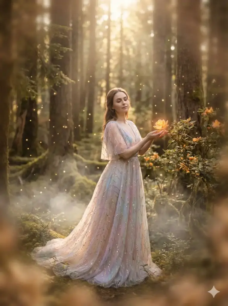 Create a magical portrait of a woman standing in a glowing forest. Soft morning light filters through tall trees. She wears a flowing pastel gown with subtle sparkles. Her posture is calm with one hand touching a glowing flower. Mist surrounds her feet and tiny lights float in the air. Use gentle warm tones and soft focus around the edges. Add aspect ratio 3:4.