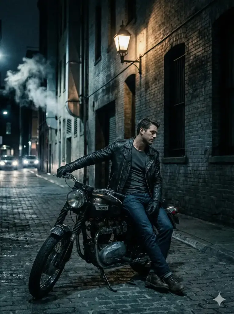 Create a cinematic photo of a man leaning on a parked motorcycle in an urban alley while wearing a black leather jacket, fitted tee, dark jeans, and boots. Show him tilting his head slightly with one hand on the handlebars. Use strong side lighting from a single street lamp that casts long shadows. Keep the color tone cool with subtle blue highlights. Add brick walls, steam rising from vents, and distant headlights. Use aspect ratio 3:4.