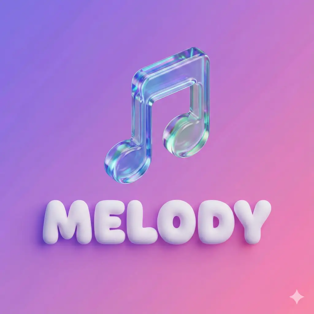 Create a 3D isometric logo for a music streaming app. The icon is a glossy, floating musical note made of iridescent glass. The text "MELODY" should be placed centered below the icon. The typography for the text needs to be round, bubble-like, and soft, rendered in a matte white material that contrasts with the shiny icon. The background is a soft gradient of purple to pink. Aspect ratio 1:1.