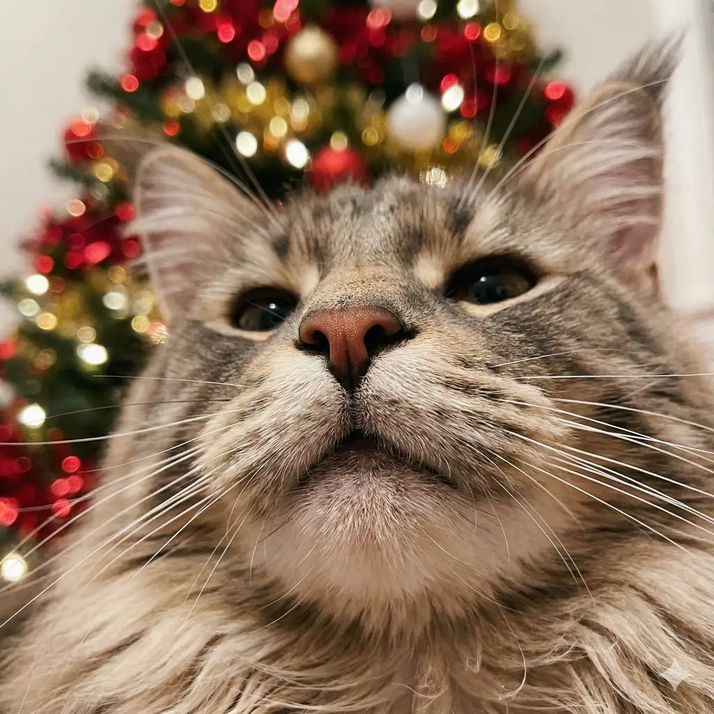 Create a cozy close up of a Maine Coon cat's face, focusing sharply on its nose and long, white whiskers. The fur should look incredibly soft and tactile. The background should be a blurry, warm bokeh of twinkling holiday lights. The lighting should be soft and diffused to highlight the texture of the fur. Aspect Ratio 1:1