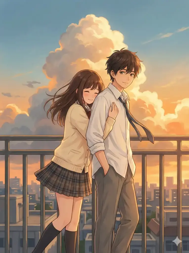 Create a cute anime style illustration of a couple standing on a rooftop during sunset. The girl hugs the boy from behind and rests her cheek on his back with a shy smile. She wears a school style cardigan, pleated skirt and knee socks. The boy wears a casual shirt, tie and slacks. Let warm sunset clouds fill the sky with glowing orange edges. Add soft wind movement in their hair and clothes. Use aspect ratio 3:4.