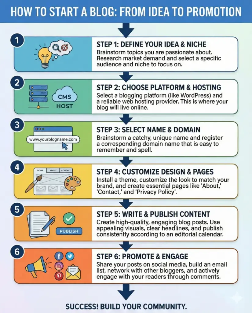 Create a process infographic explaining the steps of starting a blog, from idea selection to publishing and promotion. Use numbered steps, arrows, icons, and short descriptions in a logical top-to-bottom flow. Use aspect ratio 4:5.