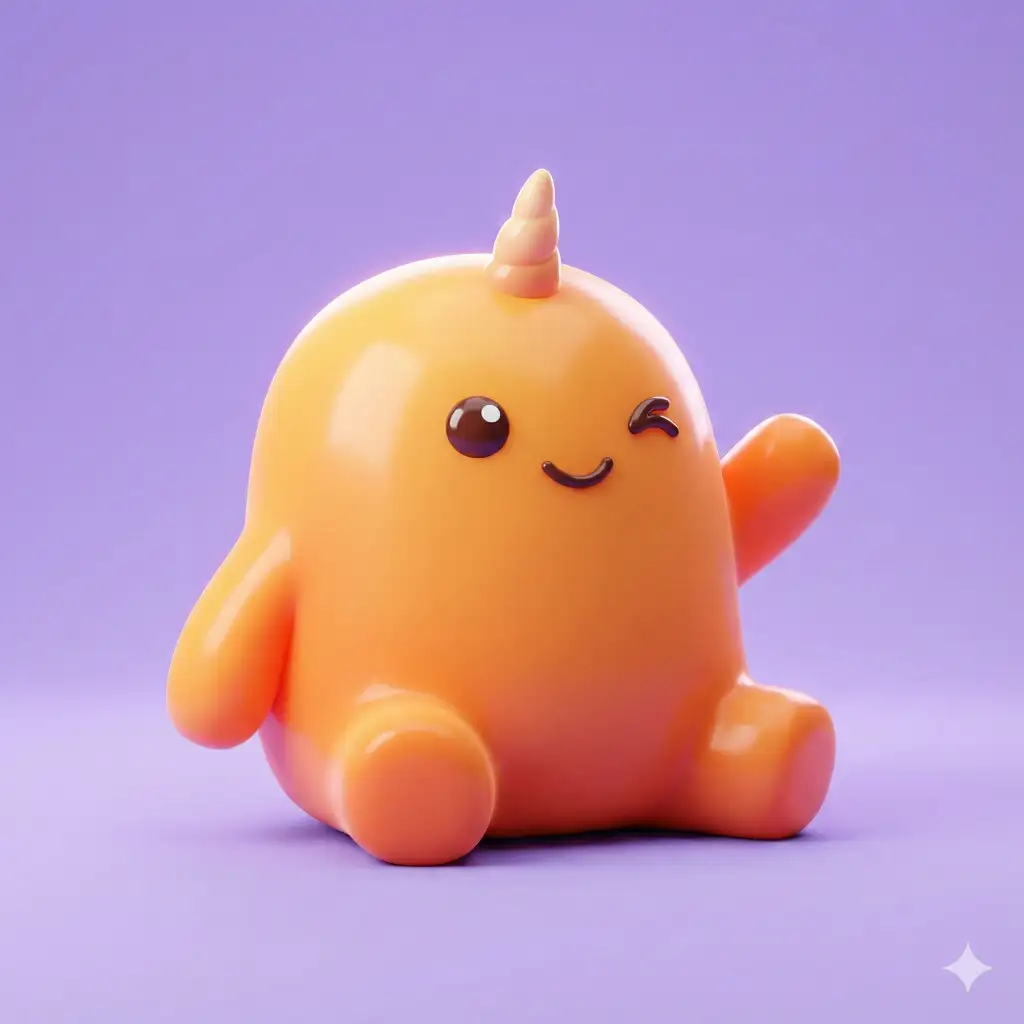 Create an ultra cute orange monster with a tiny unicorn horn and a soft, rounded chubby body. Place the character on a smooth lavender background. The monster has expressive eyes and a playful wink, with glossy highlights that add charm. The style is 3D cartoon with gentle subsurface glow, soft shadows, and high quality lighting inspired by Blender animations. The surface texture is smooth and plush-like, with vibrant solid colors. The overall design is simple, adorable, and full of personality. Use aspect ratio 1:1.