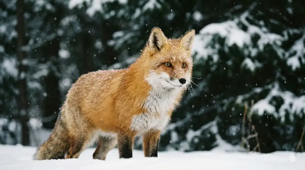 Create a high-resolution wildlife photograph of a red fox standing alert in a snowy forest, thick orange and white fur with visible frost, soft snowfall in the air, dark evergreen trees in the background, gentle winter light, shallow depth of field, realistic animal posture and expression, calm documentary wildlife photography style. Use aspect ratio 16:9.