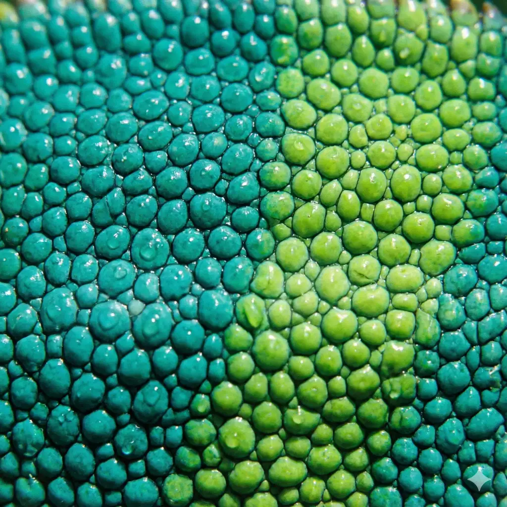 Create a vibrant macro photo of a chameleon's skin, showcasing the pebble-like scales in a gradient of turquoise and lime green, highly textured, wet look, extreme close-up, use aspect ratio 1:1.