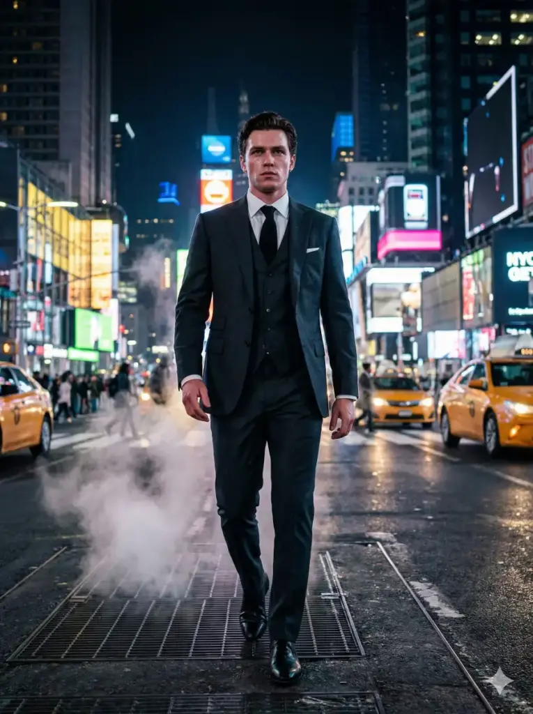 Create a powerful, intense portrait of a young man walking across a busy New York City street at night. He is dressed in a razor-sharp, bespoke three-piece charcoal suit with a black tie. The camera tracks him from a low angle. The background is a blur of yellow taxi cabs and towering skyscrapers. Steam rises from a subway grate nearby, adding atmosphere. The lighting is high-contrast, with streetlights carving out the contours of his face. The color palette is steel blue and amber. 8k resolution, highly detailed fabric textures. Use aspect ratio 3:4.