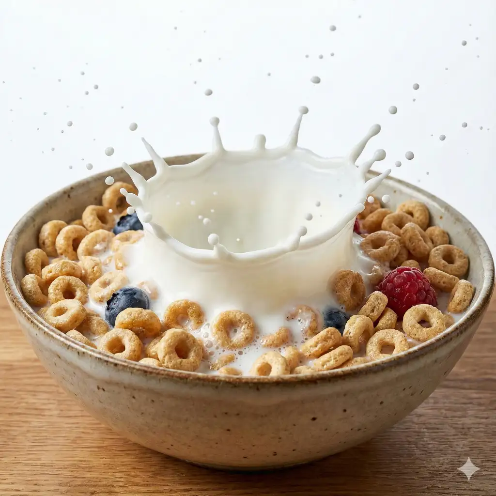 Create a dynamic macro photo of milk splashing into a bowl of cereal, freezing the motion of the white liquid crown and droplets, capturing the texture of the toasted grain loops, high-speed photography style, bright lighting, use aspect ratio 1:1.
