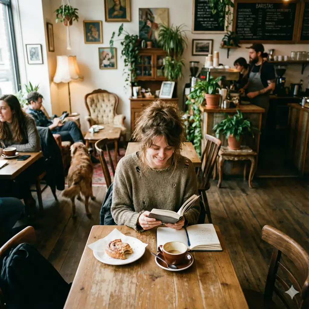 Create a high angle shot of a person sitting at a café table, camera positioned above eye level, looking slightly downward, soft indoor lighting, natural candid feel, realistic environment details. Use aspect ratio 1:1.