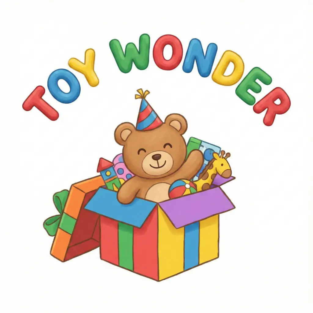 Create a cute, playful logo for a toy store. The icon is a smiling teddy bear peeking out of a gift box. The text "TOY WONDER" should be arranged in a bouncing arc above the bear. The text font needs to be thick, rounded, and cartoonish. Each letter should be a different primary color (Red, Blue, Yellow, Green) and look like it is made of soft play-dough. Aspect ratio 1:1.