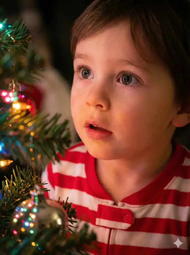 Create a magical close-up shot of a young child gazing at a lit-up Christmas tree. The child is wearing traditional red and white striped pajamas. The camera focuses on the child's face, specifically their eyes, which reflect the twinkling multi-colored fairy lights of the tree. The foreground features out-of-focus pine needles and shiny baubles (bokeh effect). The expression on the child's face should be one of pure awe and wonder, capturing the magic of Christmas Eve. High definition, DSLR style. Use 3:4 aspect ratio.
