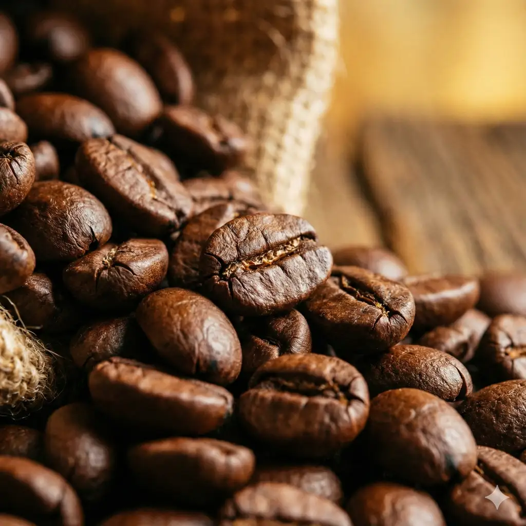 Create a close up photo of roasted coffee beans with rich brown tones, deep texture, and subtle glistening oils. Add a warm earthy background blur to enhance depth. Use aspect ratio 1:1.