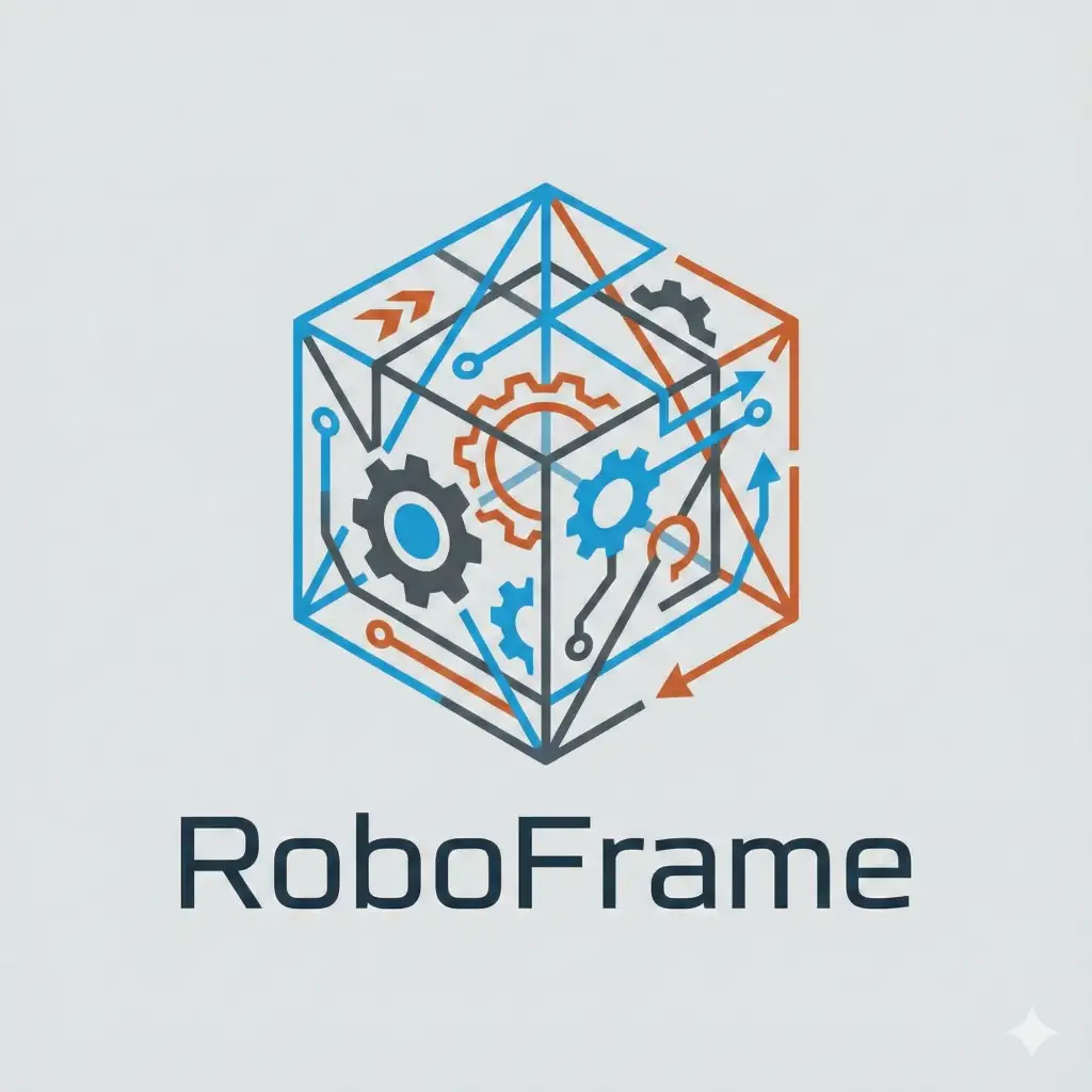 Create a geometric robotics company logo in aspect ratio 1:1. Use an abstract cube made from thin lines, hinting at automation and precision. Keep colors flat and modern. Include the text RoboFrame in a clean technical sans serif.