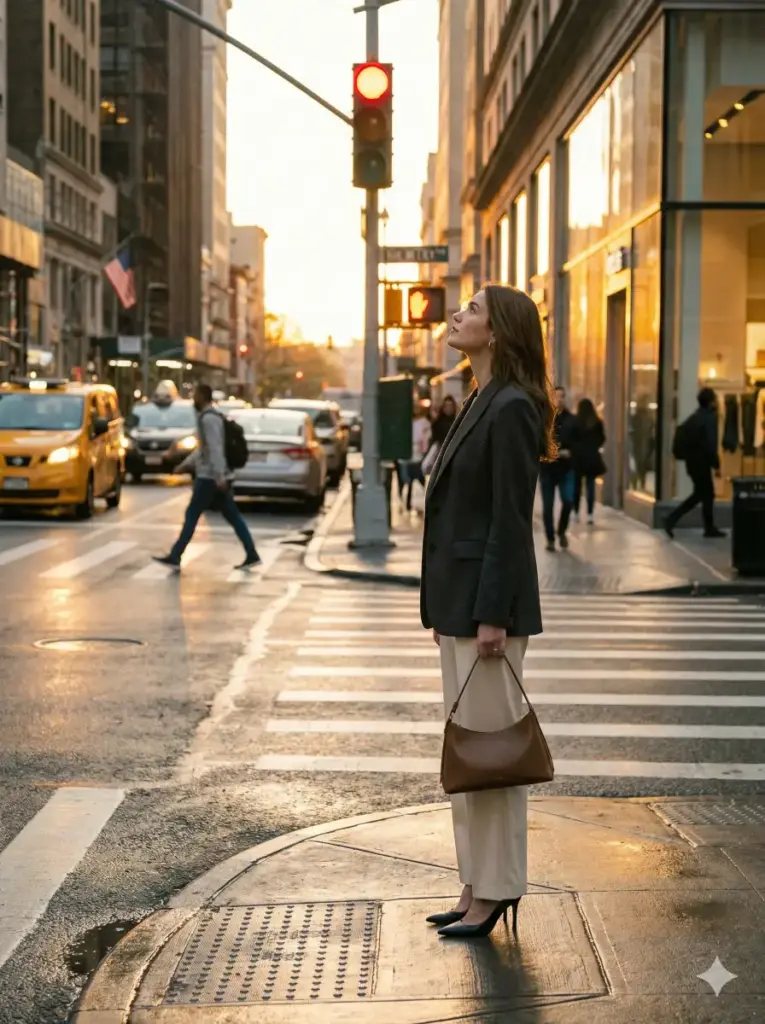 Create a cinematic image of a woman waiting at a crosswalk while wearing a tailored blazer, wide pants, and pointed heels. Show her holding a sleek handbag and looking at the traffic lights. Use golden hour lighting that casts warm reflections on surrounding buildings. Keep the color tone soft and polished. Add rushing pedestrians, taxi lights, and reflections on glass storefronts in the background. Use aspect ratio 3:4.