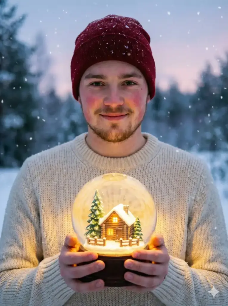 Create a heartwarming winter Christmas portrait of a young man standing outdoors in a snowy forest at dusk, facing the camera with a gentle, content smile. He wears a cozy cream-colored knit sweater and a red knitted beanie hat dusted with falling snow. His cheeks are slightly flushed from the cold, and he has light facial hair, giving a natural, authentic winter look. He holds a large transparent snow globe carefully with both hands at chest level. Inside the snow globe is a miniature winter scene: a charming wooden log cabin glowing warmly from within, surrounded by fresh snow and a snow-covered pine tree beside a small wooden fence. Soft golden light emanates from the cabin windows, illuminating the snow globe interior and subtly lighting his hands and sweater. Use aspect ratio 3:4.