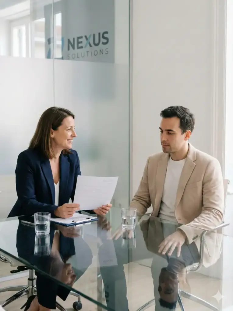Create a scene of an HR manager interviewing a candidate, both seated across a glass meeting table. The manager leans forward slightly, holding a printed resume, while the candidate sits upright, hands resting on the lap. Professional attire for both: navy tailored blazer for the HR manager, soft beige blazer for the candidate. Add subtle reflections on the table, a clipboard, small water glasses, clean white walls, company logo, and frosted divider panel. Neutral contrast and real human expressions, aspect ratio 3:4.