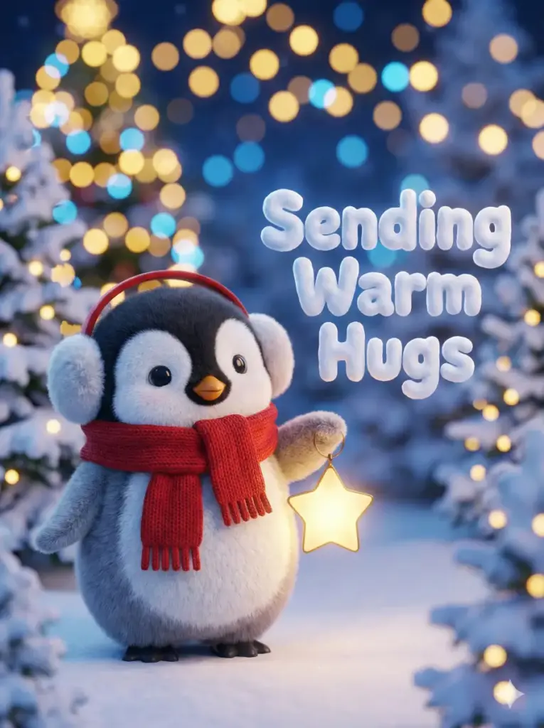 Create an adorable, high-quality 3D render of a fluffy baby penguin wearing a red knitted scarf and oversized earmuffs, holding a glowing star lantern in its flippers. The background should be a magical winter wonderland with blurred bokeh Christmas lights in soft gold and blue tones. Floating in the air next to the penguin, include the text "Sending Warm Hugs" in a bubbly, soft 3D font that looks like it is made of snow. Use aspect ratio 3:4