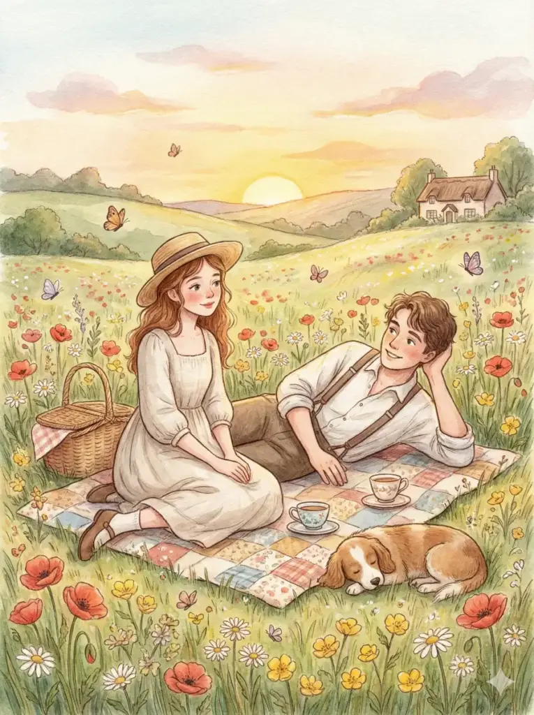 Create a cute cottagecore illustration of a couple having a small picnic on a grassy meadow. The girl sits with her legs tucked beside her, wearing a light linen dress and straw hat. The boy lies on his side while propping his head with his hand, wearing suspenders and rolled sleeves. Add wildflowers, a woven basket, fluttering butterflies and a gentle sunset glow. Use aspect ratio 3:4.