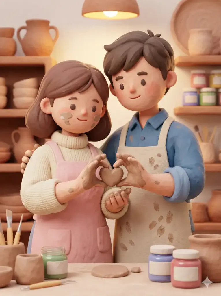 Create a cute clay art style illustration of a couple standing close while shaping a small clay heart together. The girl wears a pastel apron over a soft sweater, with clay smudges on her cheeks. The boy wears a rolled sleeve shirt and a light apron with tiny fingerprints. Show rounded clay textures, soft edges and warm studio lighting. Add pottery shelves and colorful tools in the background. Use aspect ratio 3:4.
