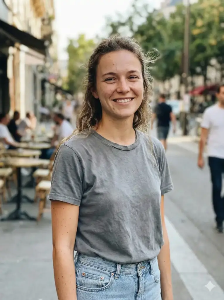 Create a hyper realistic iPhone-style photo of a young woman standing on a sunny street, smiling naturally with relaxed eyes and visible teeth. She is wearing a casual T shirt and light denim jeans. The photo looks handheld, slightly off-center, with gentle portrait-mode background blur. Bright daylight creates even skin tones, subtle highlights, and realistic shadows. Fine skin texture, small imperfections, and flyaway hair strands are visible, matching a real iPhone portrait photo. Use aspect ratio 3:4.