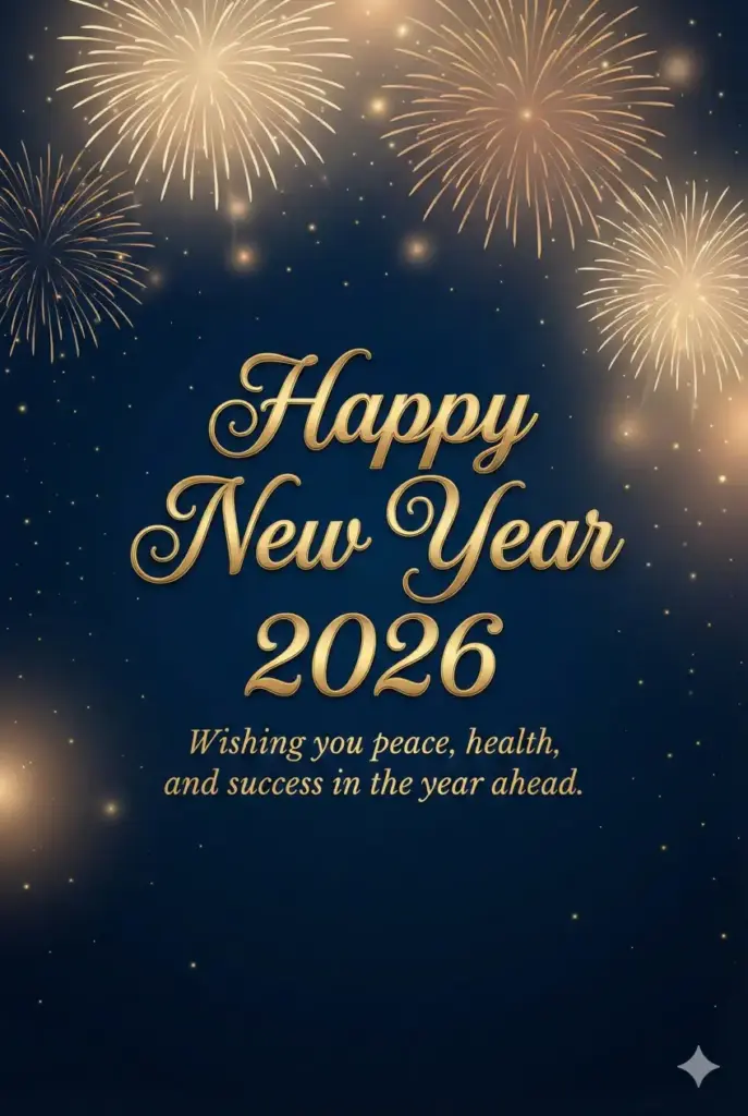 Create an elegant digital New Year greeting card featuring a warm midnight blue background with subtle golden sparkles and soft glowing light effects. In the center, place stylish golden typography that reads "Happy New Year 2026" with a smaller line below saying "Wishing you peace, health, and success in the year ahead." Add delicate fireworks softly illuminating the sky. Use aspect ratio 2:3.