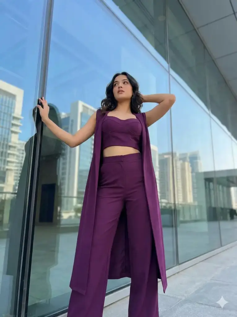 Create a contemporary fashion portrait of a young woman standing confidently against a reflective glass wall in a modern architectural setting. She wears a rich, deep-purple coordinated outfit consisting of a structured crop top, high-waisted wide-leg pants, and a long, sleeveless open-front overlay that flows vertically along her silhouette. The fabric has a subtle texture and matte sheen, adding depth without distraction. Her pose is bold and expressive: one arm extended outward, lightly touching the glass, while the other is bent with her hand resting behind her head. This creates a strong, asymmetrical composition that emphasizes confidence and elegance. Her hair is styled in soft, loose waves cascading over one shoulder. Makeup is modern. She gazes slightly upward and away from the camera with a calm, self-assured expression. Use aspect ratio 3:4.