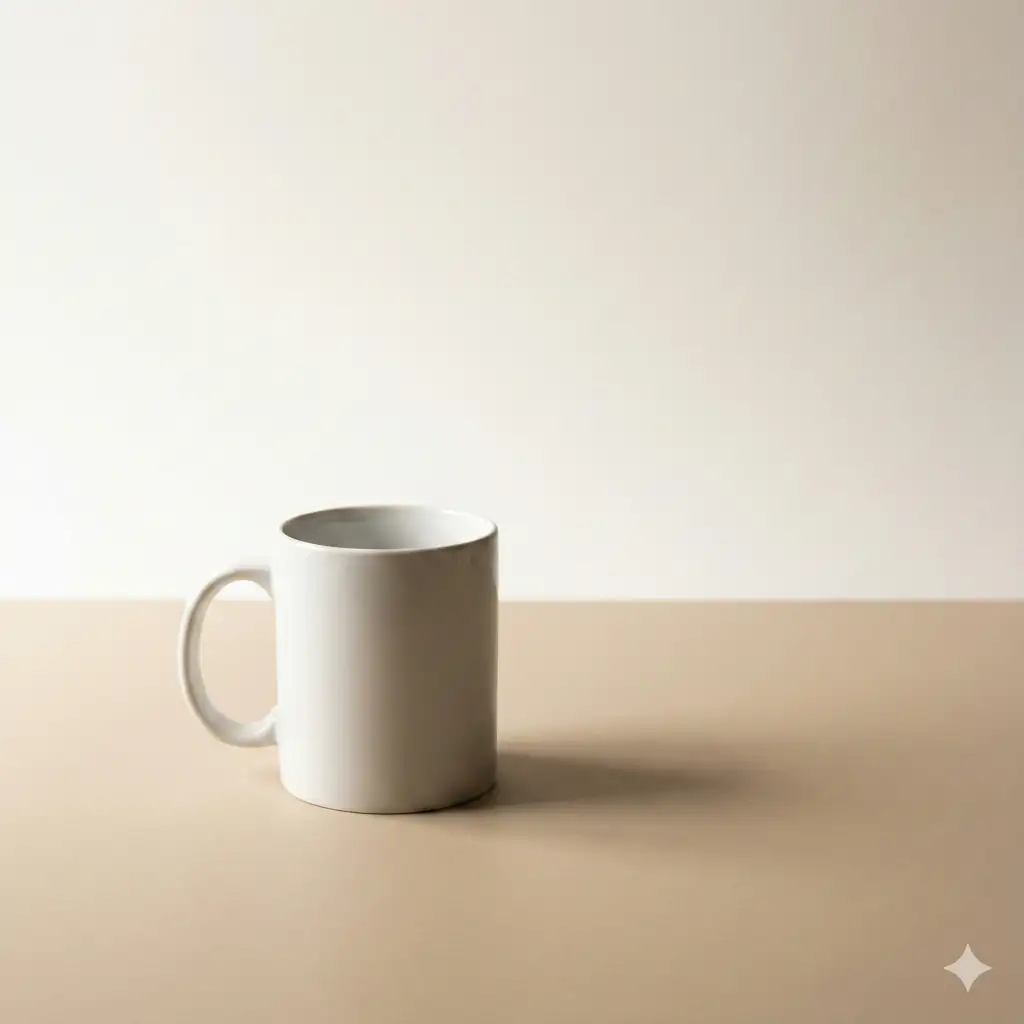 Create a minimalist photograph featuring a single white ceramic coffee mug placed slightly off-center on a smooth matte beige surface. Use a clean, uncluttered background with a soft off-white to light beige gradient, leaving generous negative space around the subject. Apply soft natural window lighting from one side to create gentle shadows and subtle depth without harsh contrast. Keep the color palette limited to warm neutrals such as beige, cream, and soft gray, avoiding any distracting elements or patterns. Emphasize clean lines, simple geometry, and a calm, modern mood that feels refined and editorial, similar to high-end lifestyle photography. Use aspect ratio 1:1.