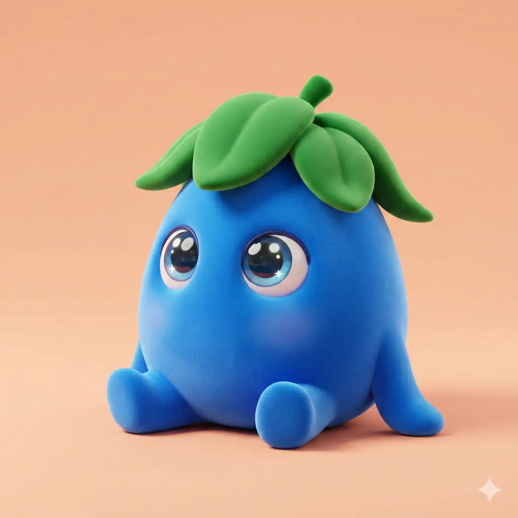 Create an ultra cute blue monster with leaf shaped hair and a soft, rounded teardrop body. Place the character on a smooth peach background. The monster has expressive eyes and a curious expression, with glossy highlights that add charm. The style is 3D cartoon with gentle subsurface glow, soft shadows, and high quality lighting inspired by Blender animations. The surface texture is smooth and plush-like, with vibrant solid colors. The overall design is simple, adorable, and full of personality. Use aspect ratio 1:1.