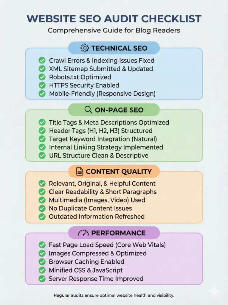 Create a checklist-style infographic for a website SEO audit, including sections like technical SEO, on-page SEO, content quality, and performance, with check icons, short bullet points, and a clean professional layout suitable for blog readers. Use aspect ratio 3:4.