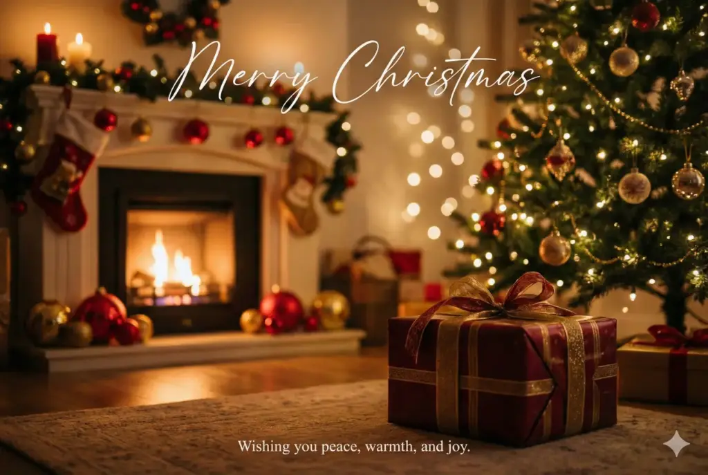 Create a cozy Christmas card scene where a soft glowing fireplace lights up a living room decorated with red and gold ornaments. Place a beautifully wrapped gift box in the foreground and a Christmas tree with twinkling lights behind it. Use gentle bokeh lighting and a warm color palette. Add elegant handwritten text on the top center that reads Merry Christmas. Add small text at the bottom that reads Wishing you peace, warmth, and joy. Use aspect ratio 3:2.