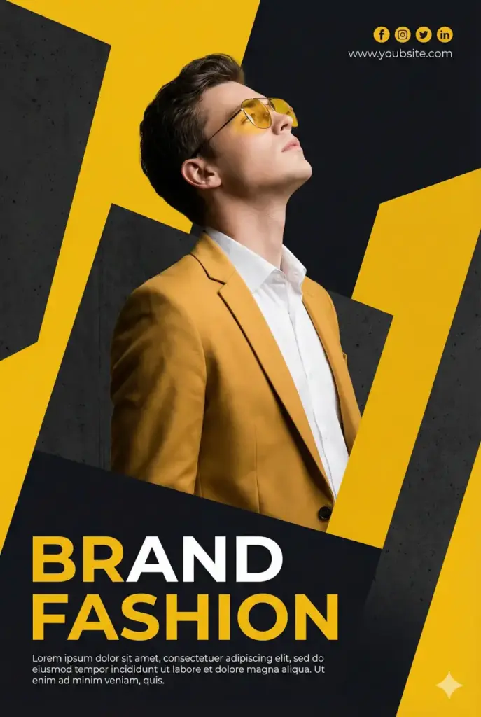 Create a modern fashion poster with a bold, geometric editorial layout. The composition features a stylish young man wearing a tailored mustard-yellow suit jacket over a crisp white shirt. He has short, textured hair and wears matching yellow fashion sunglasses. His head is tilted slightly upward, gazing off-frame, conveying confidence, aspiration, and high-fashion attitude. The background is deep charcoal black with subtle concrete-like texture, contrasted by large angular yellow geometric panels that slice diagonally across the composition. These shapes frame the subject dynamically, creating a layered, asymmetrical layout typical of contemporary fashion branding. Typography is clean and modern: bold headline text near the bottom states "BRAND FASHION" in a strong sans-serif font, with "FASHION" emphasized in yellow. Supporting body text appears below in minimal placeholder copy, aligned neatly for a professional magazine or brand campaign look. Small social media icons and a website URL appear subtly in the top corner.