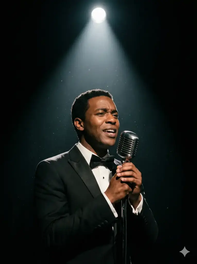 Create a stunning cinematic portrait of a male jazz singer on a dark stage. He is wearing a classic tuxedo and holding a vintage microphone. He is mid-song, with an expression of pure passion and soulfulness. A single, crisp spotlight cuts through the darkness to hit him from above, creating high contrast between his illuminated face and white shirt versus the black void of the auditorium. Dust motes dance in the shaft of light. Elegant, classy, triumphant. Use aspect ratio 3:4.