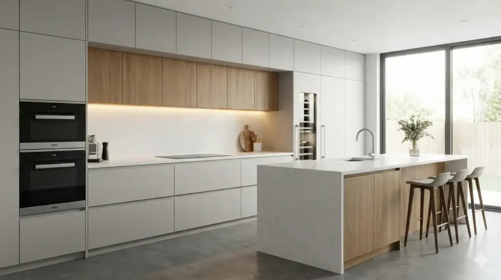 Create a professional 3D interior visualization of a modern kitchen with clean cabinetry, stone countertops, integrated appliances, and warm under-cabinet lighting. Neutral color palette with realistic material textures. Use aspect ratio 16:9.