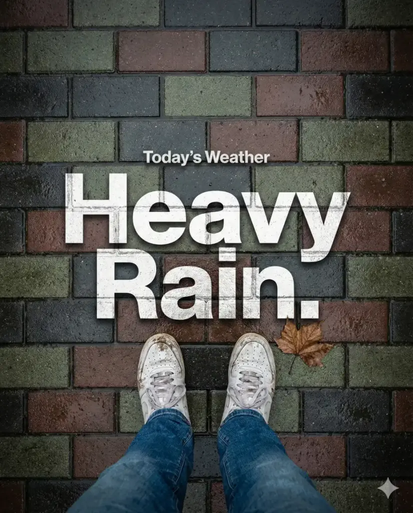 Create a moody urban lifestyle poster captured from a first-person, top-down perspective. The camera looks straight down at a pair of worn white sneakers and blue jeans standing on a wet brick sidewalk. The pavement is composed of rectangular bricks in muted tones of gray, green, and reddish-brown, darkened slightly by recent rain. A single dry leaf lies nearby, reinforcing the rainy-weather atmosphere. Integrated seamlessly onto the pavement is bold, modern typography as if printed or projected directly onto the ground. The largest word reads "Heavy Rain." in oversized white sans-serif letters, with a subtle shadow or texture that makes it feel grounded in the scene. Above it, small minimalist text reads "Today's Weather".